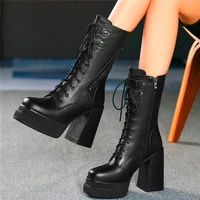 party pumps platform boots women genuine cow leather high heels lace up buckle motorcycle ankle boots oxfords block heel