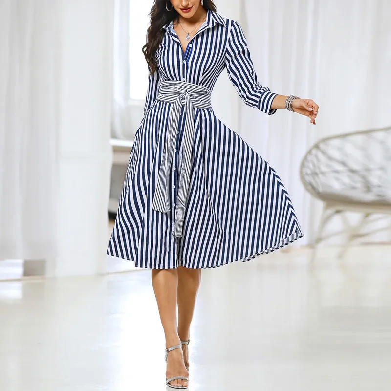 Полосатое Макси платье 2020 офисное женское длинное рубашка с отложным воротником