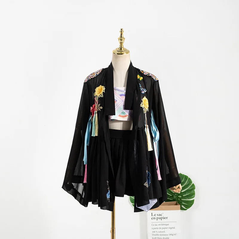 KPOP TWICE IU ROSE summer sexy short sling vest embroidery Cardigan jackets coat+black slim High waist mini skirts women outfits