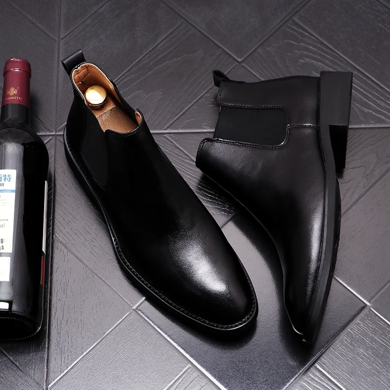 

mens casual business office formal dress chelsea boots black cow leather shoes spring autumn cowboy boot ankle botas masculinas