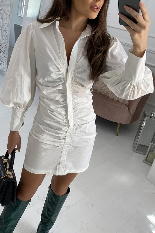 

JCHB 2021 Lantern Sleeve Shirt Dress Lantern Sleeve Half-open Collar Fashion Single-breasted Dress Spring New