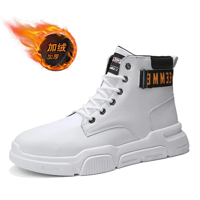 Fashion leather casual shoes Men Warm Winter Boots 2019 Hot New High Top Boot Vulcanized Sneakers Running Shoe For Man off white | Обувь