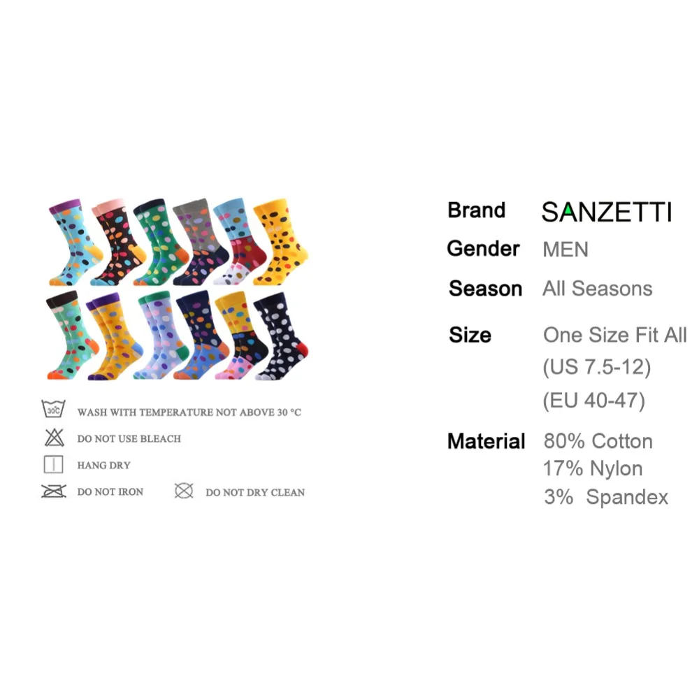 SANZETTI, 12 пар/партия, счастливые хлопковые мужские носки, цветной горошек, хип-хоп, классный уличный стиль, носки для мужчин, подарки на свадьбу, день рождения