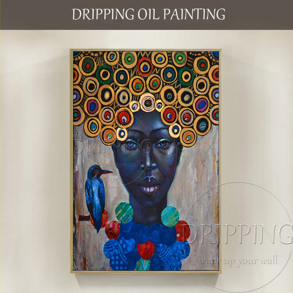 Pure Hand-painted Black Woman with Gorgeous Headdress Acrylic Painting Handmade Bird and Black Woman Portrait Acrylic Painting