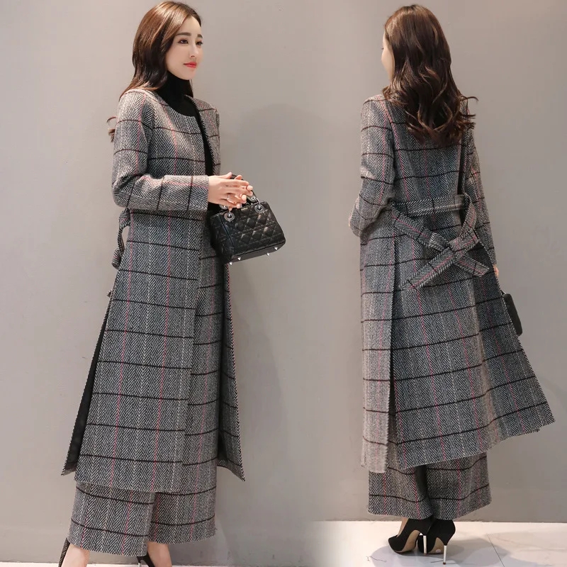 Женские комплекты шерстяной клетчатый брючный костюм с широкими штанинами