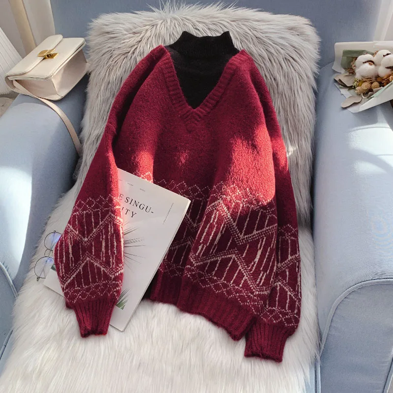 

Толстый свитер EBAIHUI с ложным воротником, женские свитера с длинными рукавами на осень и зиму 2021, топы, Свободный пуловер из двух частей