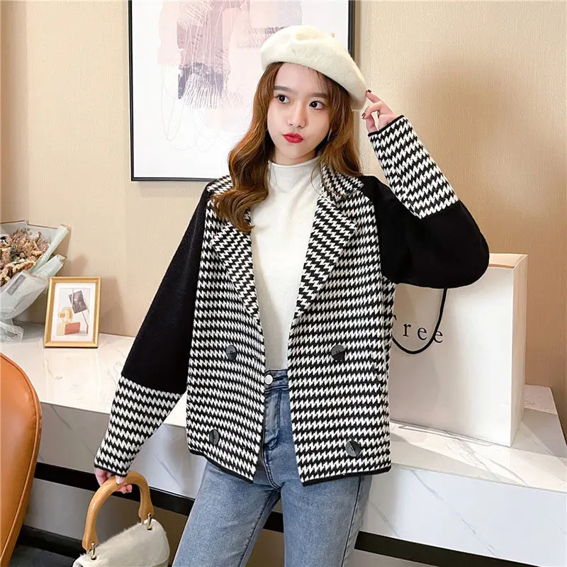 

Blazer Jacket Women's Fashion Double-Breasted Loose Korean Cardigan Plaid Shirt Spring Autumn Spliced Vintage Woolen Coat M2050