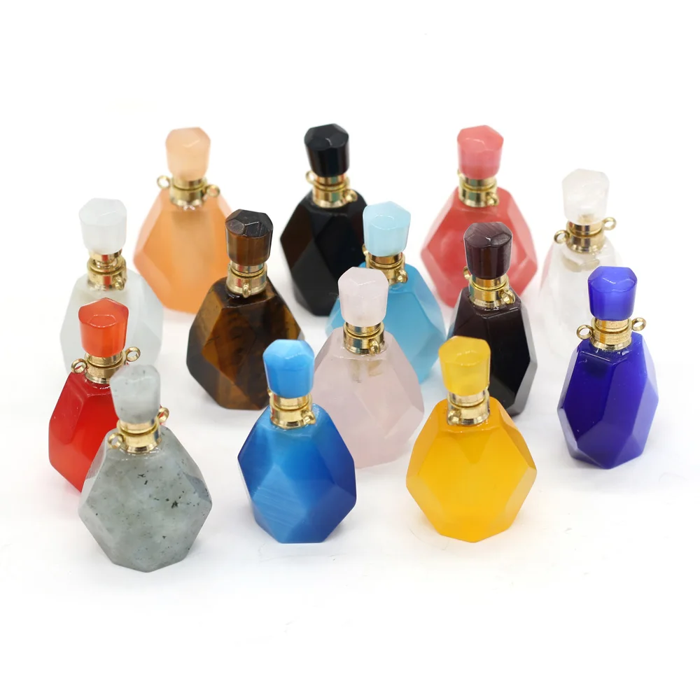 

Natural Perfume Bottle Stone Pendant Necklace Crystal Agates Amethysts Essential Oil Diffuser Stone Charms for Jewelry Making