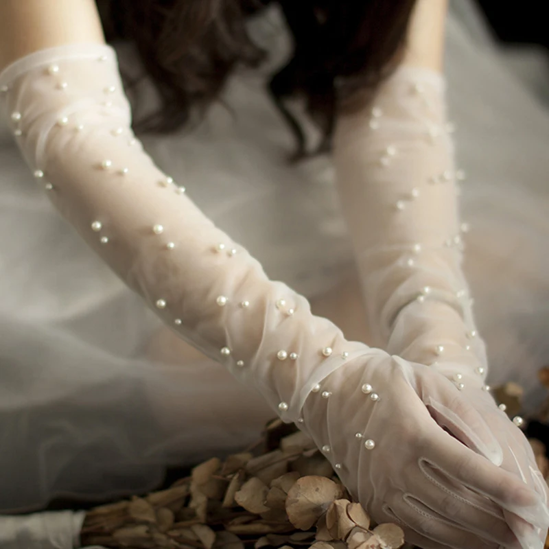 

Fashion Long Bridal Gloves Pearls Beaded For Women Performance Party