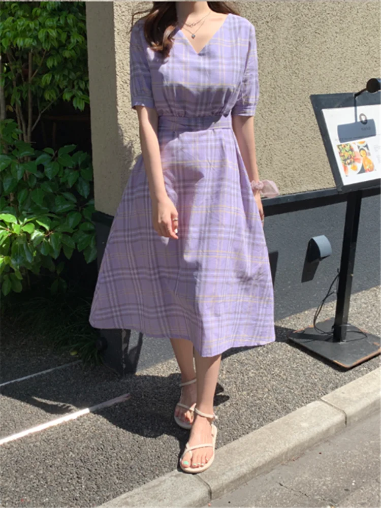 Платье женское в стиле бохо праздвечерние винтажное фиолетовое клетчатое с