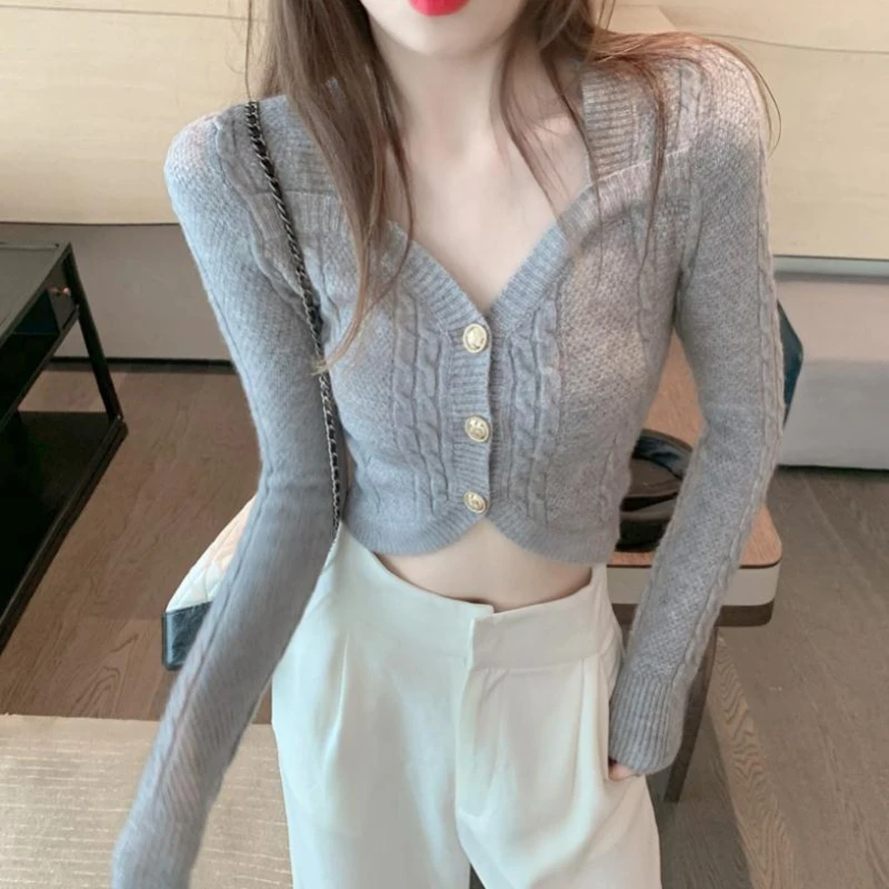 

Женский короткий свитер с v-образным вырезом, приталенный Серый кардиган, жакет, весна 2021