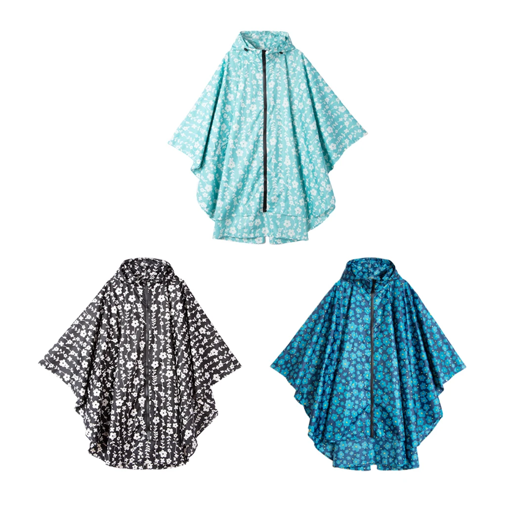 

Women Men Fashion Flower Printed Raincoat Poncho Hooded Waterproof Jacket