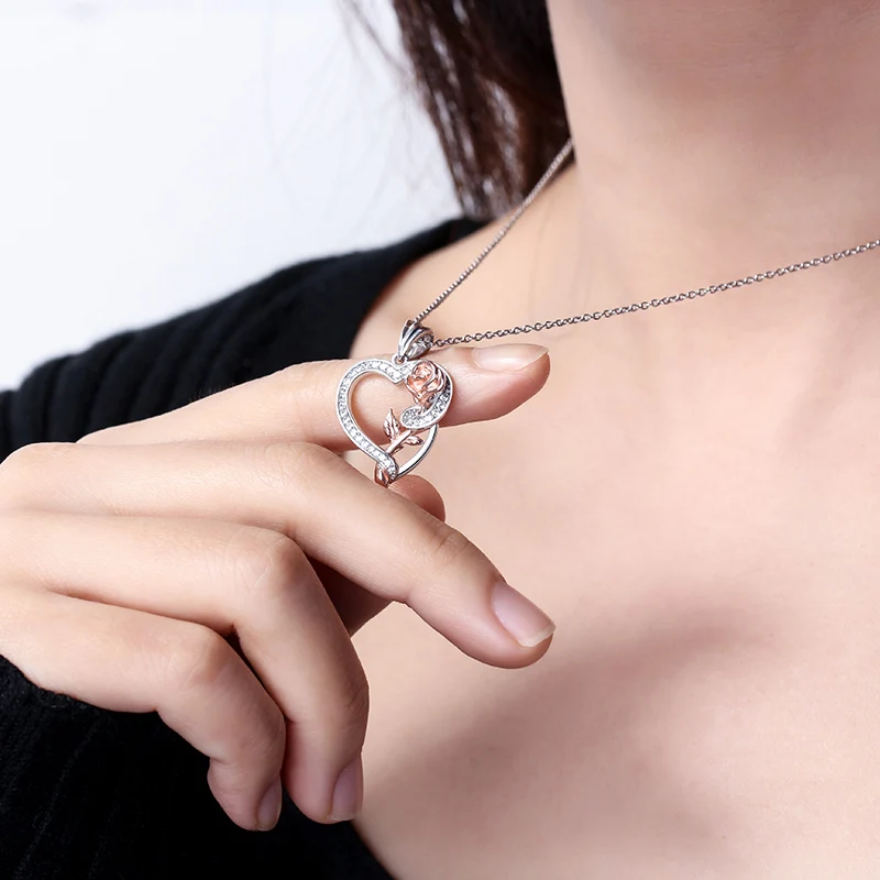 

Silver 925 Jewelry Heart and Rose Pendant Chain Necklaces for Women Fine Wedding Engagement