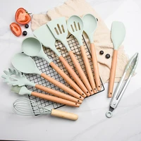 12pieces wood handle silicone kitchen utensils accessories baking cooking tools set bpa free scraper beater food clip spoon