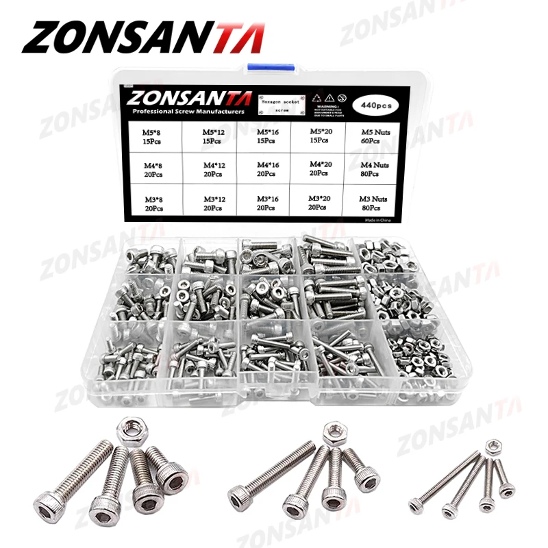 ZONSANTA 440Pcs M3 M4 M5 Bolt and Nuts Hex Hexagon Socket Screw Set Stainless Steel Round Flat Cap Head Screw Kit Allen bolt Set