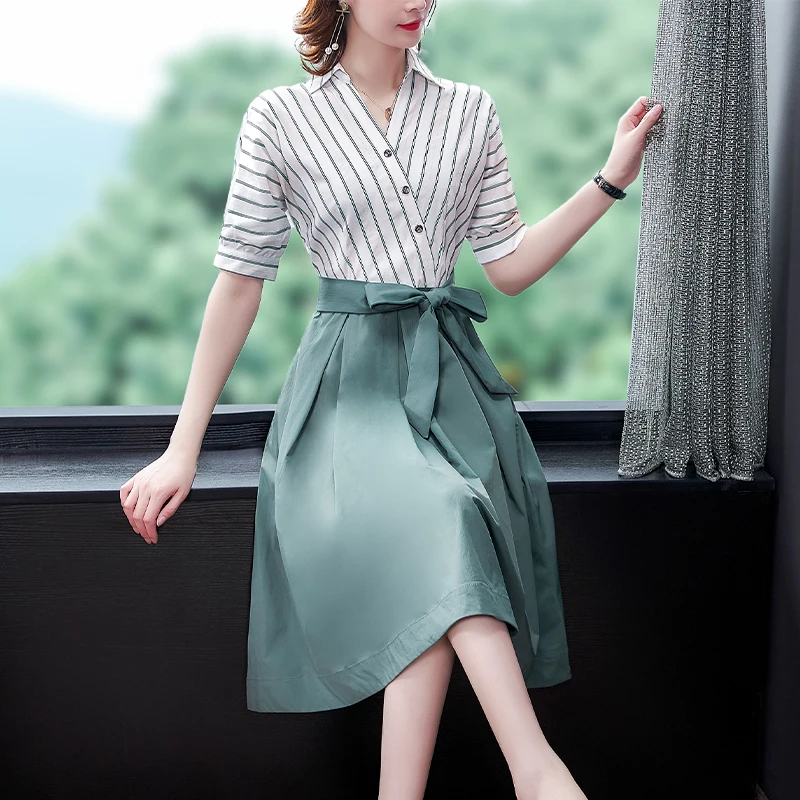 

COIGARSAM Women Dress Summer 2021 New Office Lady Half Sleeve Striped Patchwork High Waist V-Neck White Dresses Traf Vestidos
