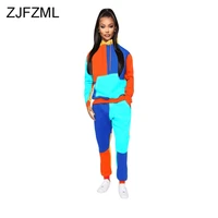 contrast color patchwork womens tracksuit 2021 hooded long sleeve loose sweatshirt sporting jogger pant lounge wear sweatsuit