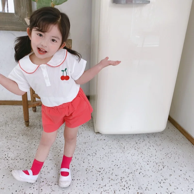 Летние Детские комплекты одежды с вышивкой фруктов футболка коротким рукавом и