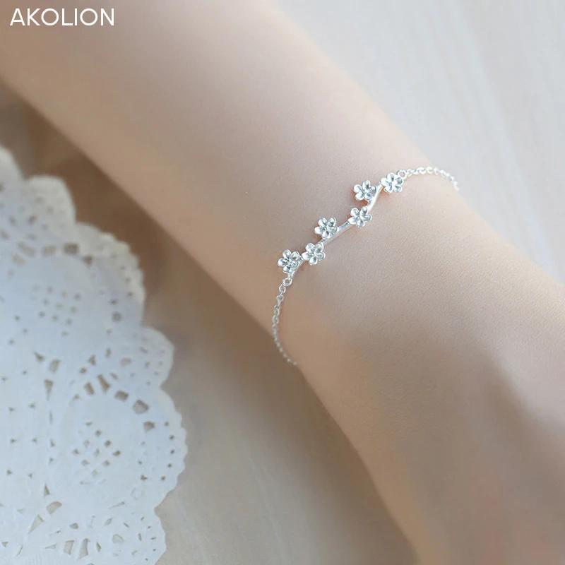 Оптовая продажа серебряный браслет AKOLION с цветами сливы женские браслеты шармами