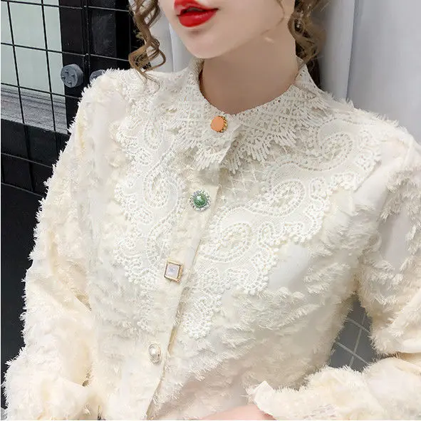 

Plus velvet warm lace bottoming shirt women's blouse in autumn and winter wear long-sleeved shirt all-match