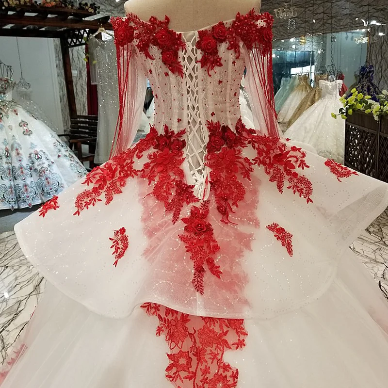 

LS05410 sexy off shoulder red flowers evening dress long sleeves sweetheart evening party dresses for beauty girl quick shipping