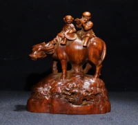 5china lucky old boxwood hand carved golden boy and jade girl herding statue lucky bull office ornaments town house