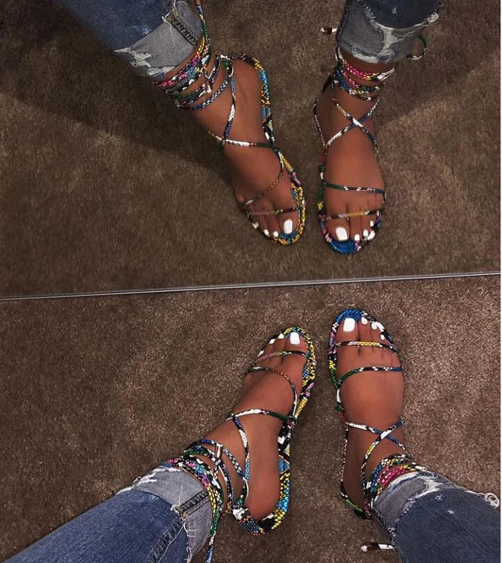 

Large size sandals summer European and American snake print sexy fashion lace women's shoes large size color sandals wholesale