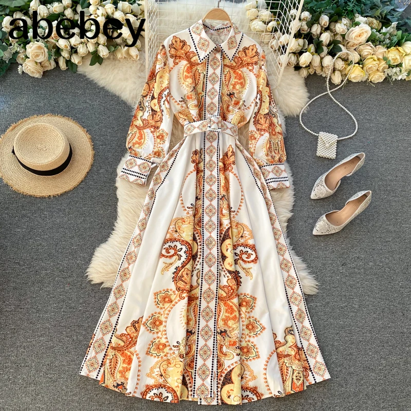 

Elegant Dress Autumn Winter New Retro Outwear Palace Style Printed Turn-down Collar Vestidos Hit Color Long Sleeve Dress Women