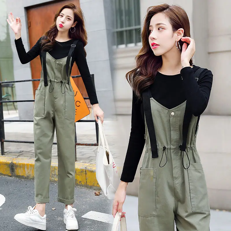 

2021 Women Spring Autumn Elegant Pant Sets Female O-neck Sweater + Lace Up Overall Pants 2 Piece Set Lady Casual Solid Suit D507
