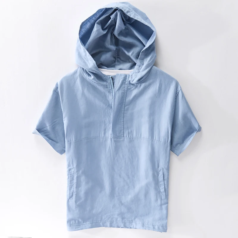 

Рубашка Мужская льняная с капюшоном и коротким рукавом, модная блуза свободного покроя, Повседневная модная сорочка, уникальный дизайн