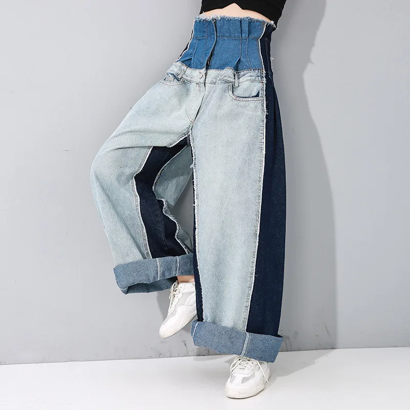 Джинсовые брюки с широкими штанинами объемные ковбойские контрастные Сращенные