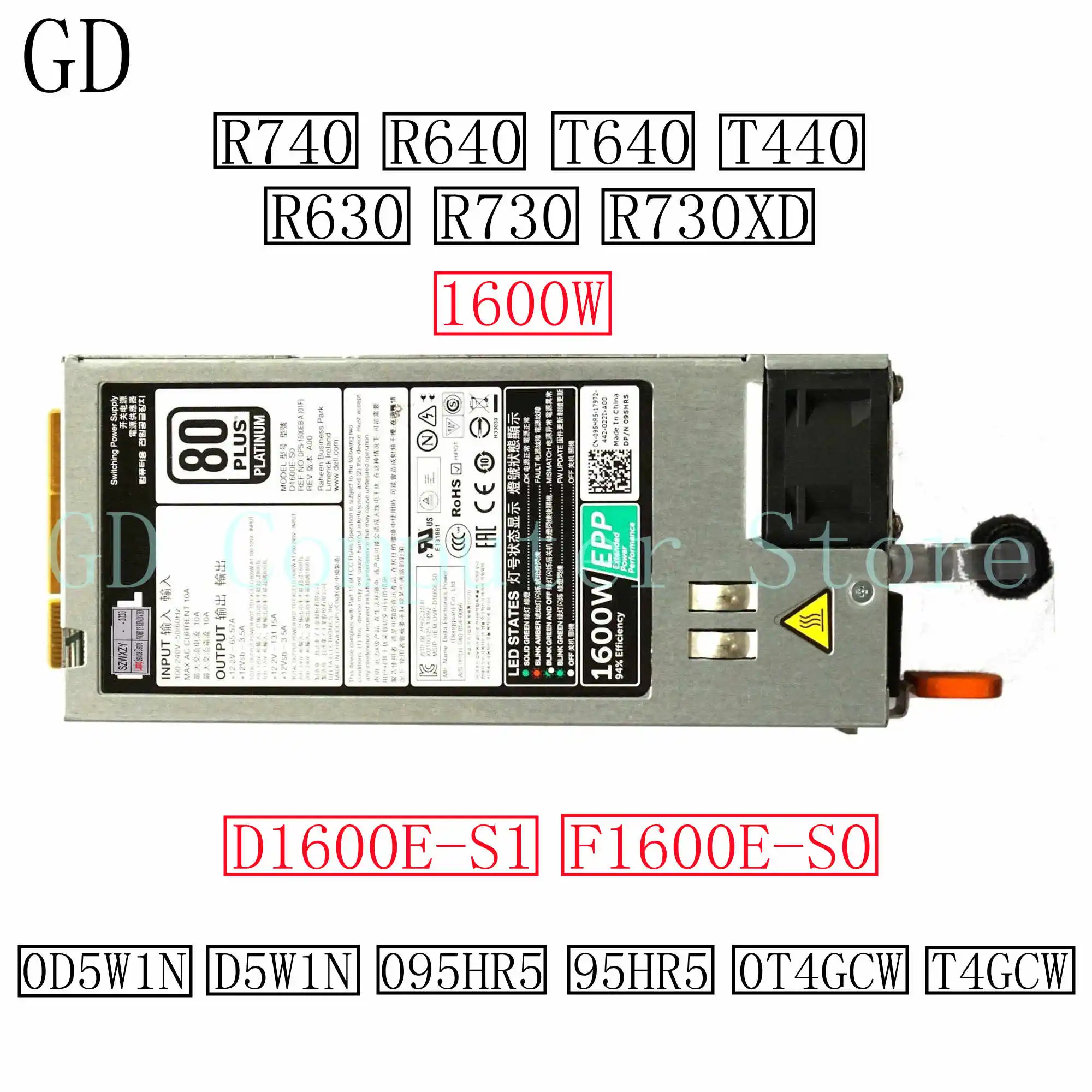GD Оригинал для DELL R740 R640 T640 T440 R630 R730 R730XD источник питания 1600 Вт F1600E-S0 XHHF8 0XHHF8 |