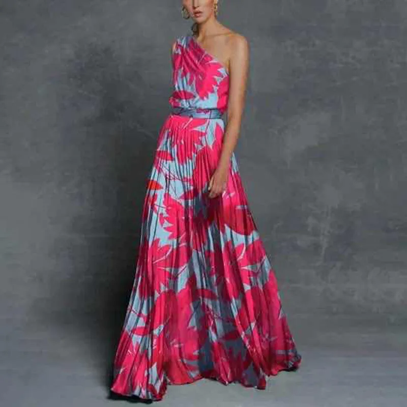 

Vintage Elegant Women Print Maxi Dress 2020 Summer Fashion One Shoulder Party Dress Women