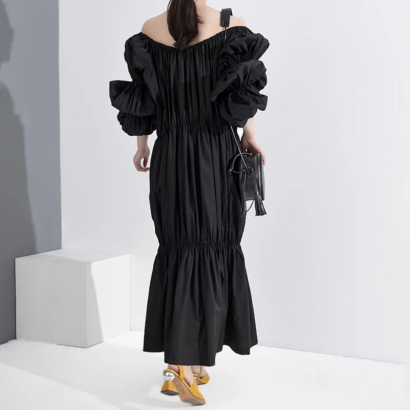 

[EAM] Women Green Pleated Big Size Long Dress New Round Neck Long Puff Sleeve Loose Fit Fashion Tide Spring Summer 2021 1S5776