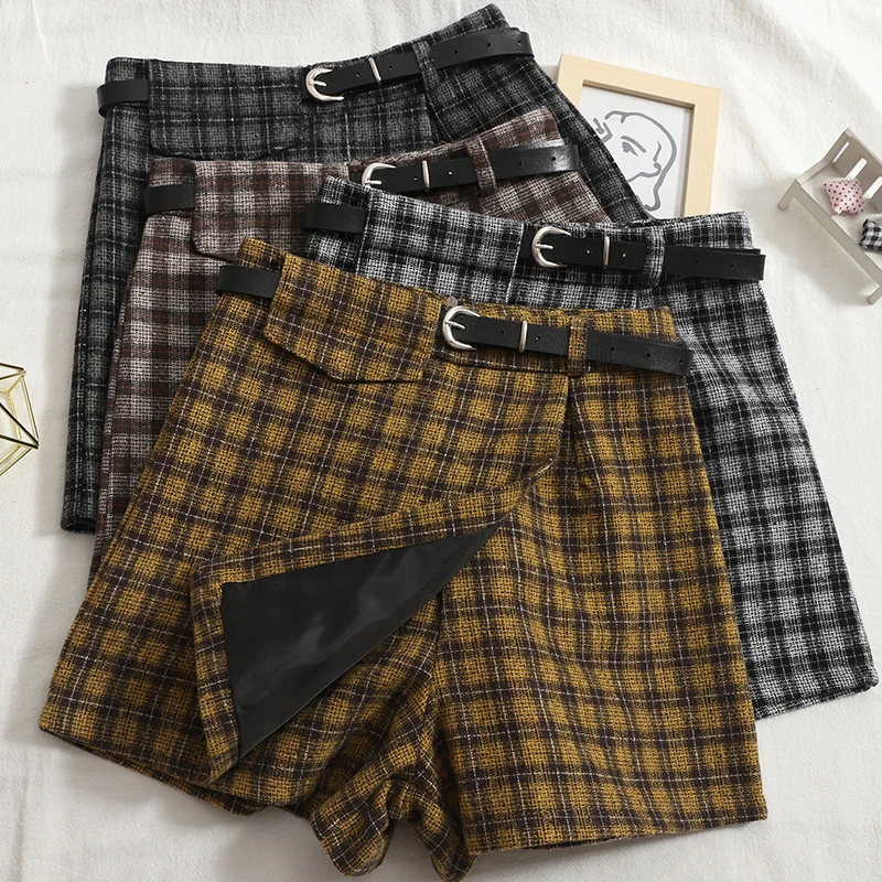 

Autumn and winter new color contrast plaid shorts irregular skirt pants woolen high-waisted wide-leg pants women
