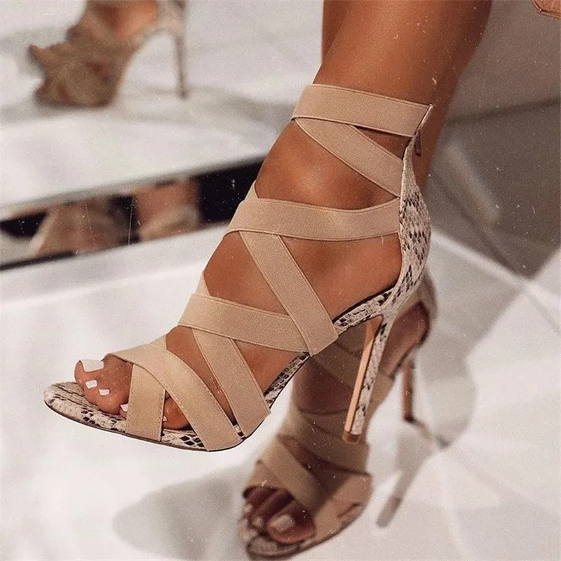 

Women's Ladies Pumps Fashion Bandage Patchwork Mixed Colors Snake High Heels Sandals Casual Shoe