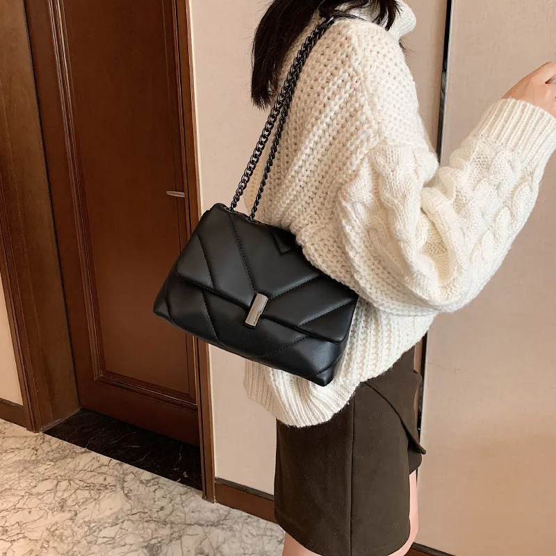 hot sale chain quilted crossbody bags for women luxury branded small unique lock handbag lady black pu leather flap shoulder bag free global shipping
