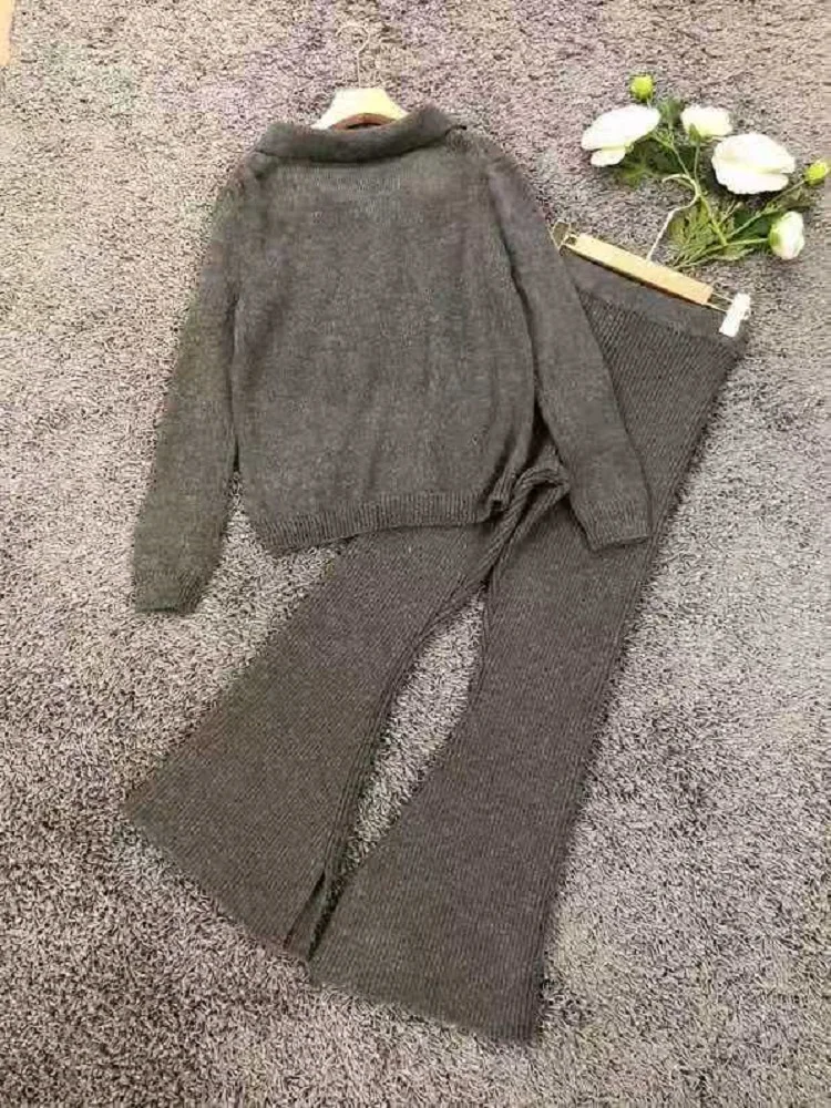

2020 Autumn Winter Tracksuit Women High Quality Knitted Pullover Tops+Flare Leg Long Knitted Pant Sets Ladies Casual Track Suits