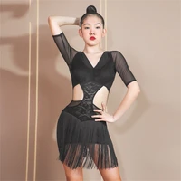 latin dance dress ladies black sexy perspective lace practice dresses hollow fringe mesh beautiful back performance wear