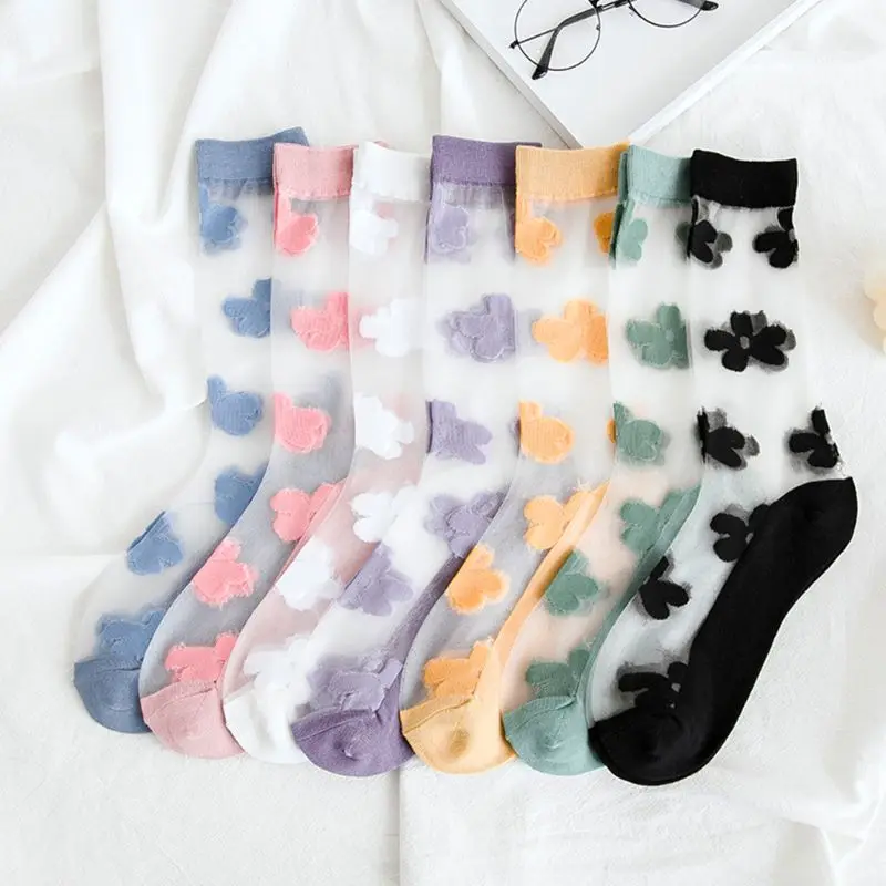 

Женские носки из прозрачного стекловолокна, милые носки карамельного цвета, цветочный чулочно-носочные изделия 2020, летние носки средней дл...