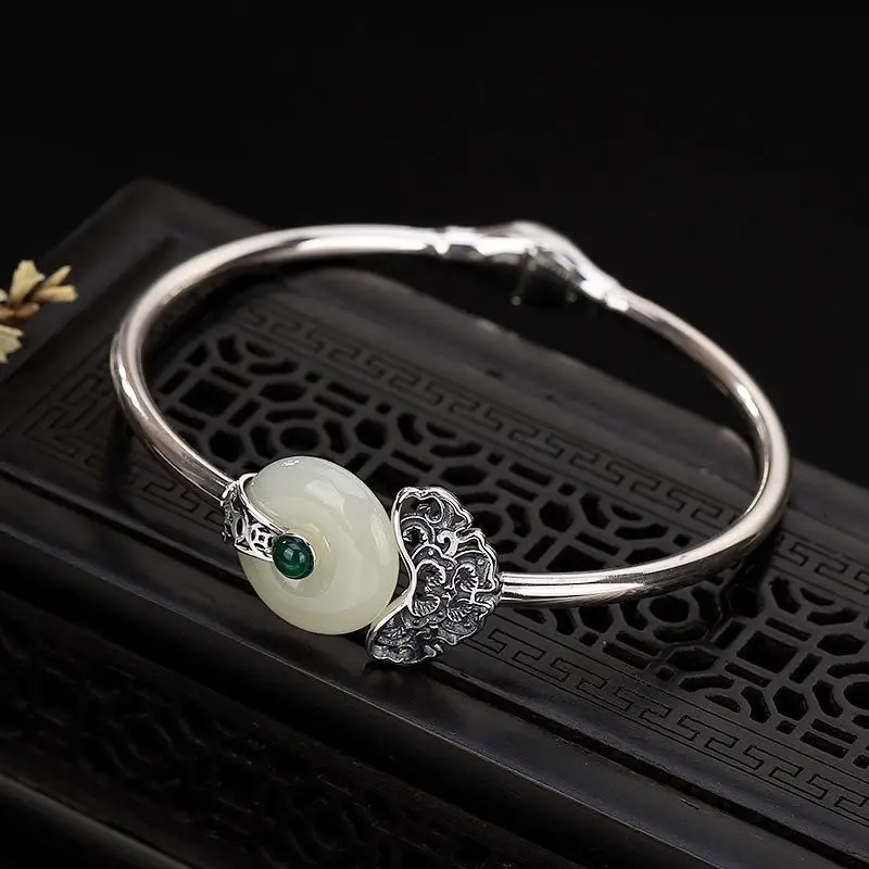 

Silver natural Hetian white chalcedony bracelet Chinese style palace female bohemian design adjustable ladies brand jewelry