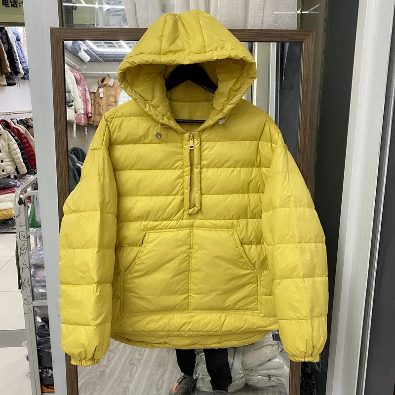 

FMFSSOM Solid Color Loose Basic Pocket Female Jacket Outwear Winter Women Thick Warm Hooded Zipper 90% White Duck Down Coat