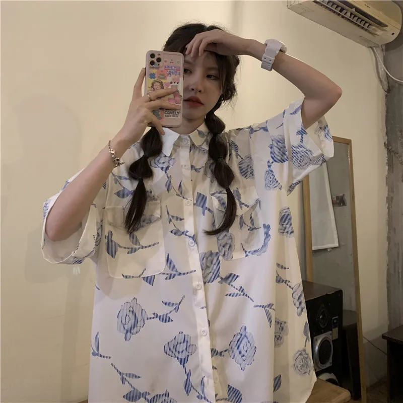 

Polo Shirt Chiffon Loose Plus Size Women's Blouses New Casual Blouse Pocket Flowers Summer Fashion Short Sleeve Top Houthion