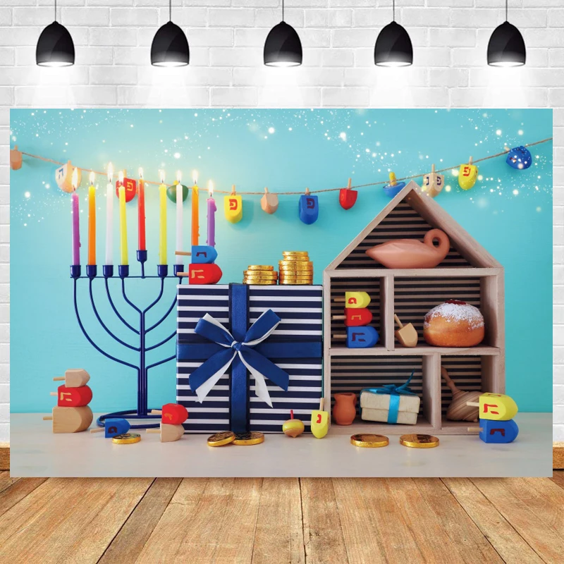

Blue Hanukkah Dreidel Photography Backdrop Candle Happy Party Hashanah Photo Background Menora Prop Decoration Chanukah Banner