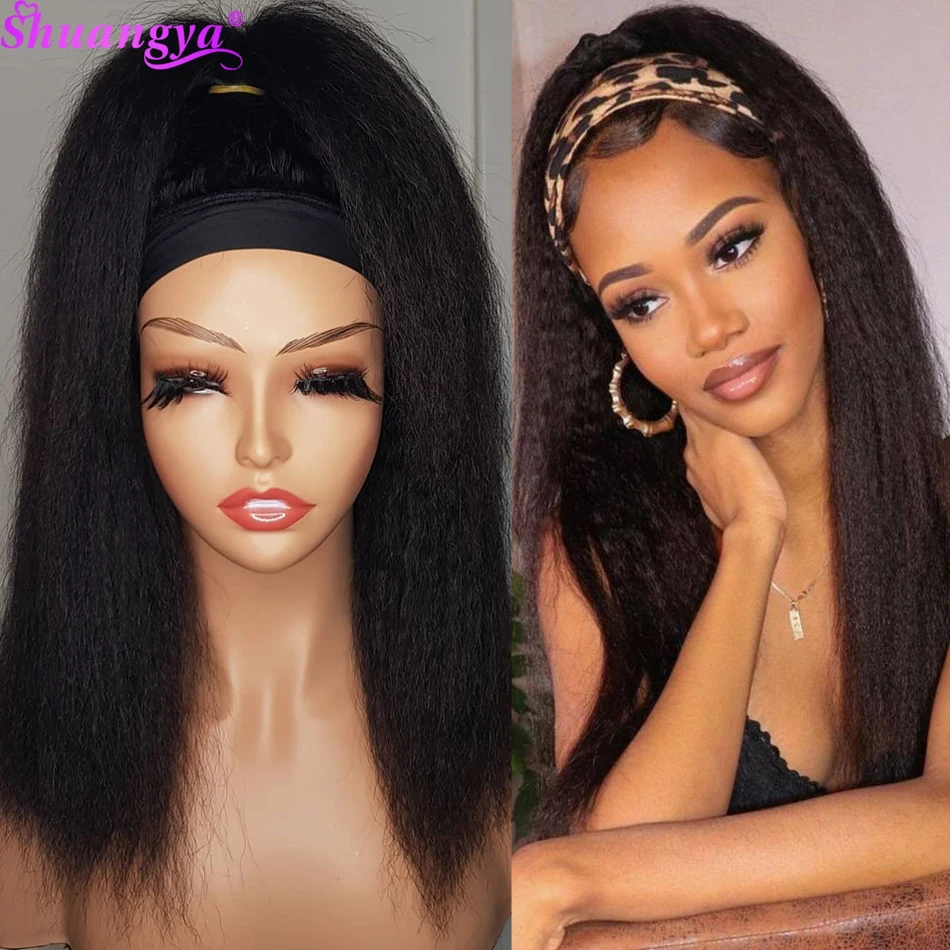 

Парик с головной повязкой, кудрявые прямые малазийские волосы Remy, парик из человеческих волос Shuangya, полностью машинный парик для черных жен...