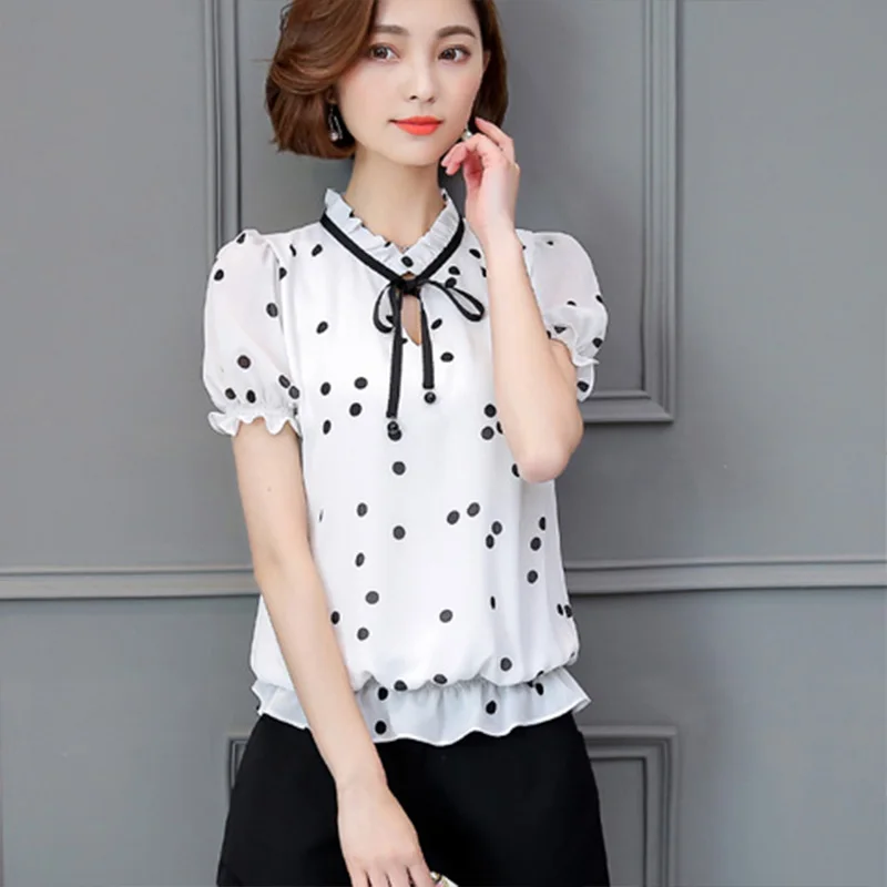 

Women Spring Summer Style Chiffon Blouses Shirt Lady Casual Short Sleeve O-Neck Polka dot Solid Women's Casual Loose Tops DF3577