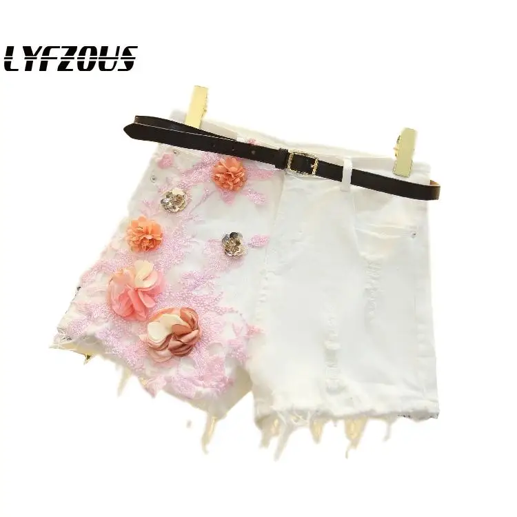 

Женские джинсовые шорты, новые модные рваные джинсовые шорты с цветочной аппликацией и блестками, женские розовые шорты с вышивкой и карман...