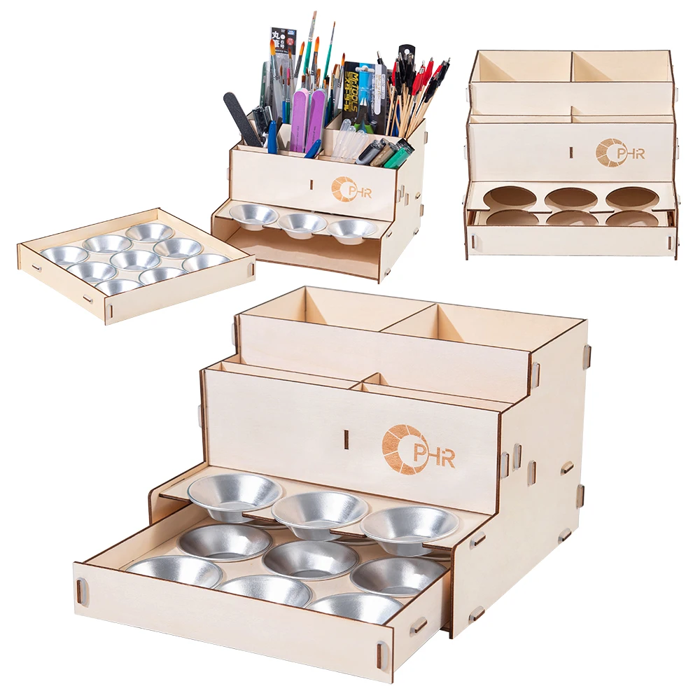 

Wooden Paint Rack with 12x Aluminum Paint Tray Kit Ink Bottle Storage Pigment Stand Drawing Tools Holder Organizer for DIY Paint