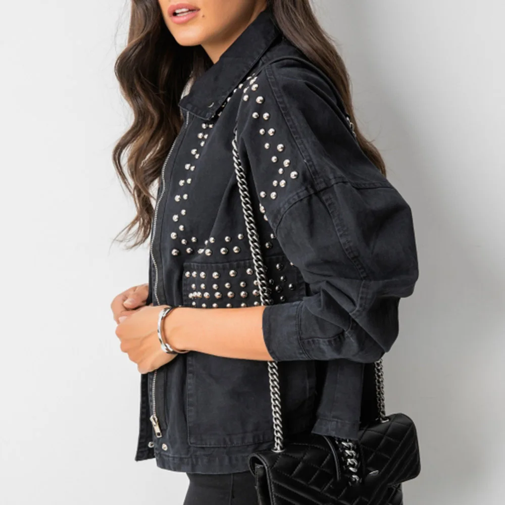 Осенняя Женская Куртка Harajuku с заклепками крутая короткая черная джинсовая