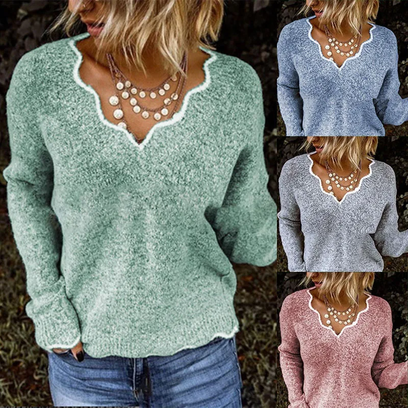 

2021 New Autumn Winter V-neck Cotton Knitted Cute Pullover Sweater Women Elegant Fashion Long Sleeve Loose Pullover Sweater
